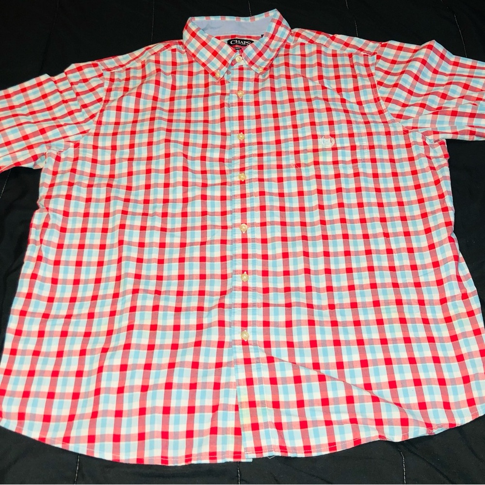 Chaps Easy Care Plaid Button Down Shirt Men’s XXL Tall Red Blue Short Sleeve